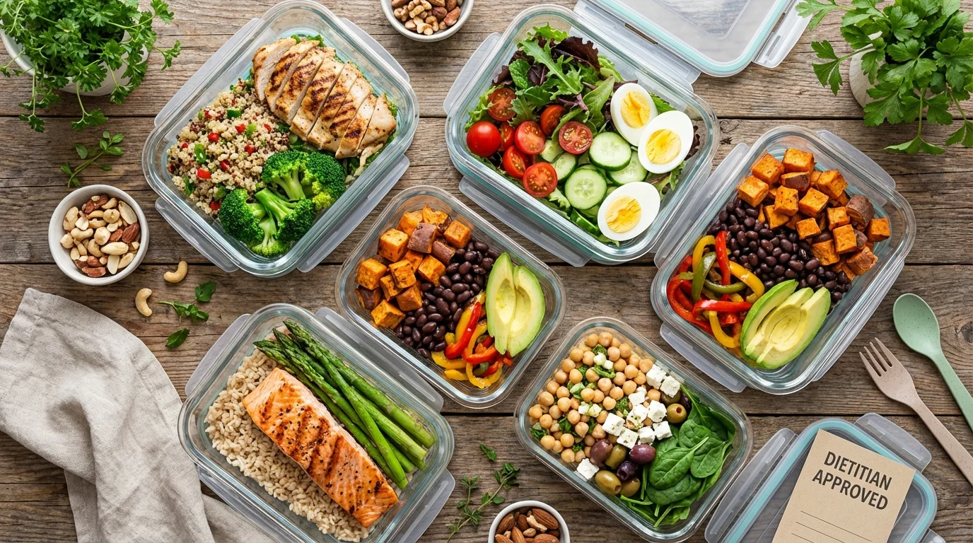 Sześć szklanych pojemników lunchbox ze zbilansowanymi posiłkami na drewnianym stole. Widoczna etykieta "Dietitian Approved".