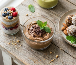 Zestaw zdrowych deserów odpowiednich dla diety PCOS: pudding chia z owocami, mus czekoladowy i bakaliowe kulki mocy na drewnianym stole.