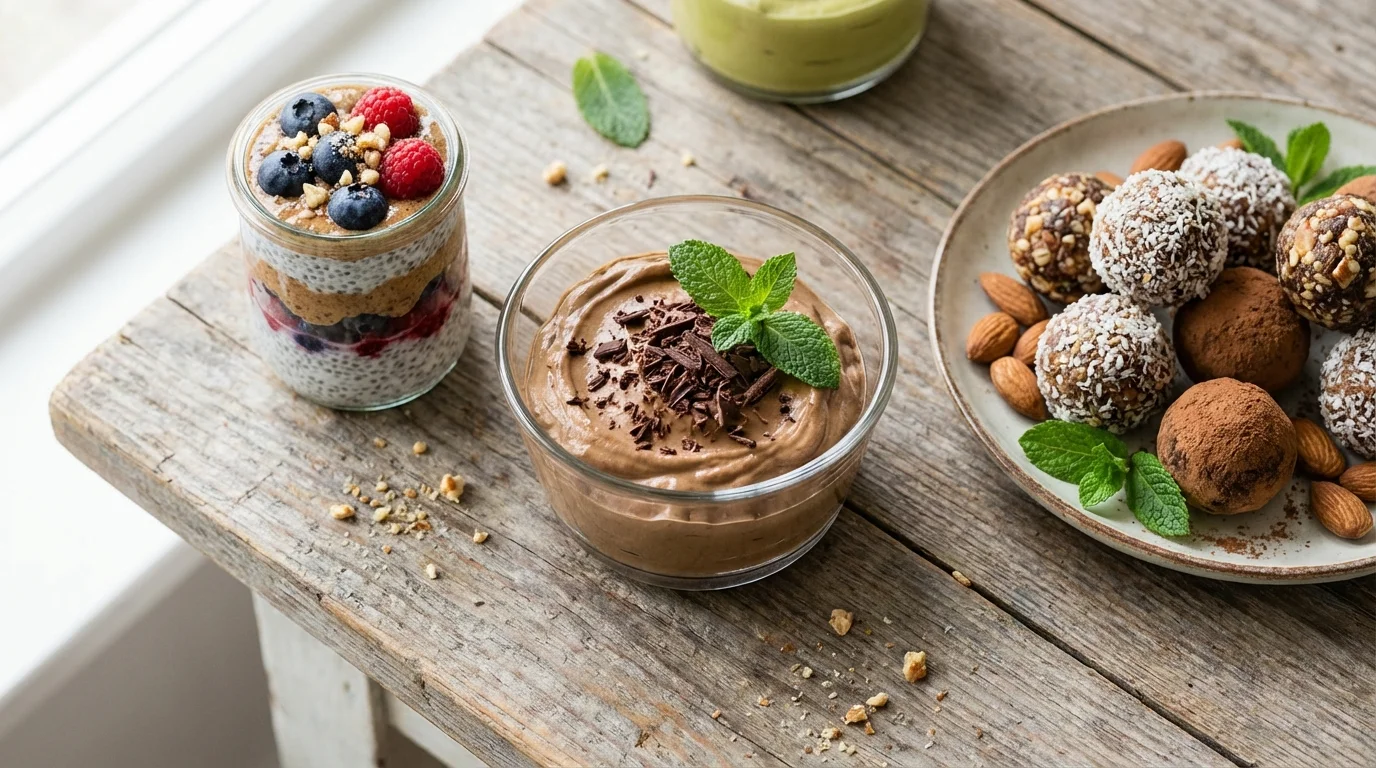 Zestaw zdrowych deserów odpowiednich dla diety PCOS: pudding chia z owocami, mus czekoladowy i bakaliowe kulki mocy na drewnianym stole.