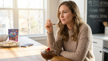 Kobieta z PCOS je zdrowy mus czekoladowy w kuchni, obok tablica z napisem "MY PCOS VICTORY".