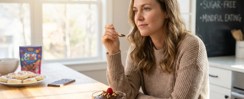 Kobieta z PCOS je zdrowy mus czekoladowy w kuchni, obok tablica z napisem "MY PCOS VICTORY".