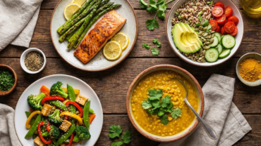 Widok z góry na zdrowe posiłki diety przeciwzapalnej: łosoś ze szparagami, sałatka z quinoa i awokado, tofu z warzywami oraz zupa z soczewicy na drewnianym stole.