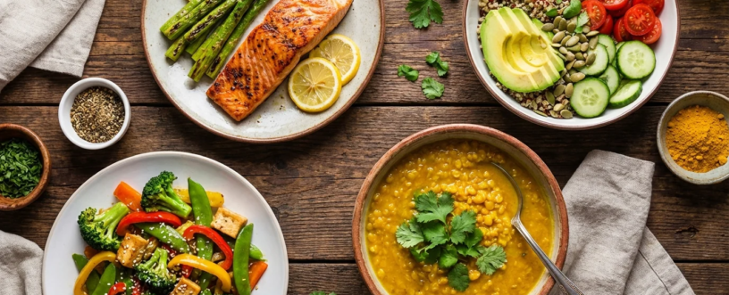 Widok z góry na zdrowe posiłki diety przeciwzapalnej: łosoś ze szparagami, sałatka z quinoa i awokado, tofu z warzywami oraz zupa z soczewicy na drewnianym stole.
