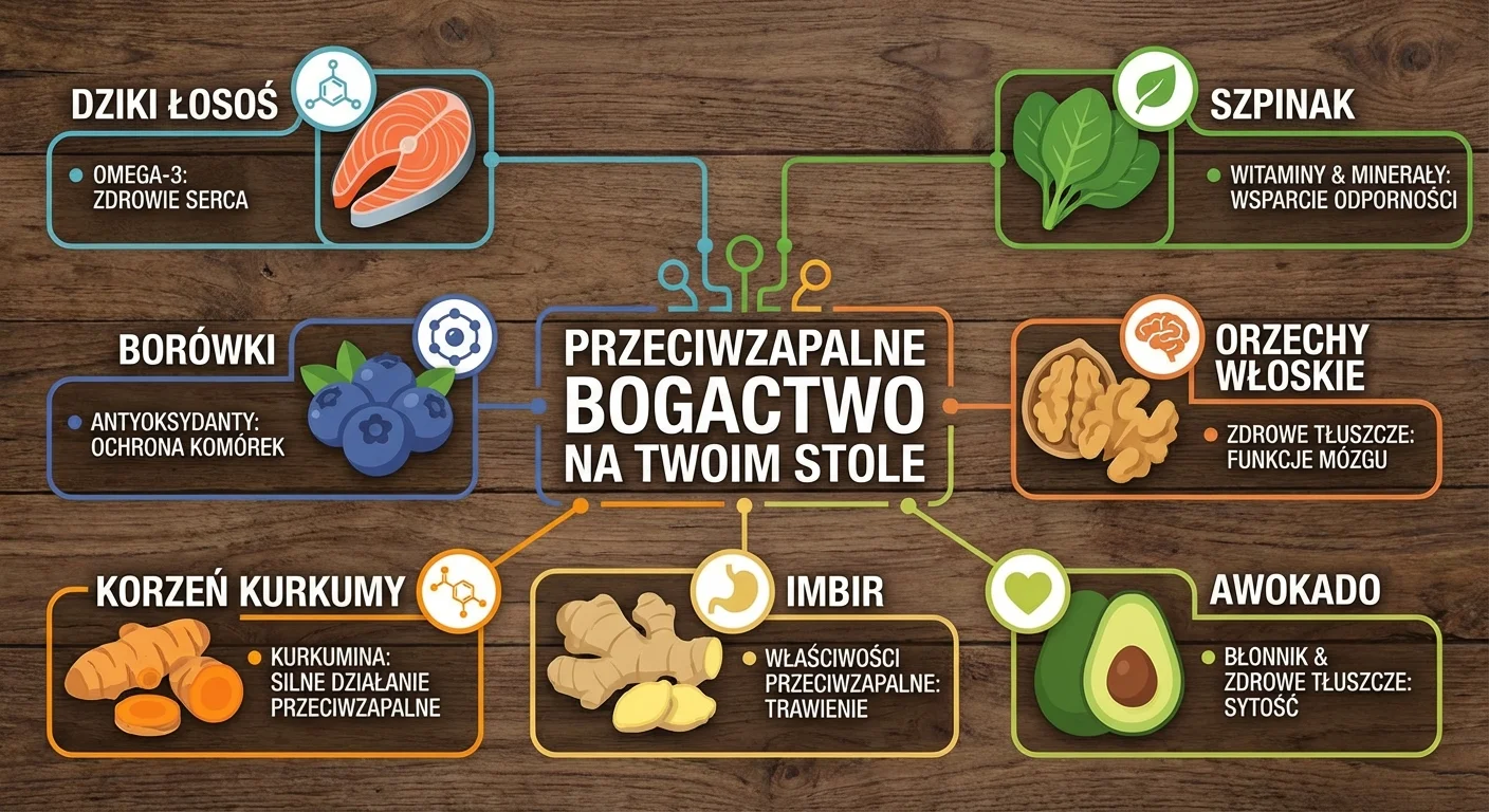 A vibrant, colorful flat lay of anti-inflammatory foods: wild salmon, blueberries, spinach, walnuts, turmeric root, ginger, and avocado on a rustic wooden table.