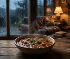 Parująca miska gulaszu na drewnianym stole przy oknie z kroplami deszczu, w tle przytulny salon z kominkiem.