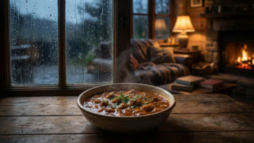 Parująca miska gulaszu na drewnianym stole przy oknie z kroplami deszczu, w tle przytulny salon z kominkiem.