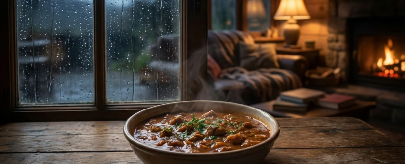 Parująca miska gulaszu na drewnianym stole przy oknie z kroplami deszczu, w tle przytulny salon z kominkiem.