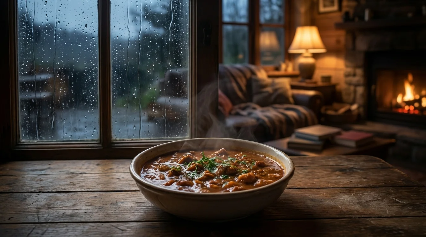Parująca miska gulaszu na drewnianym stole przy oknie z kroplami deszczu, w tle przytulny salon z kominkiem.
