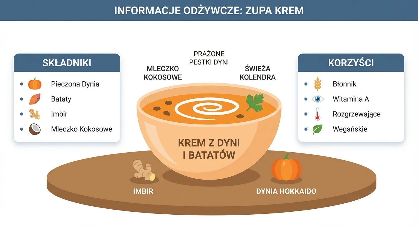 Aksamitny, pomarańczowy krem z pieczonej dyni i batatów w ceramicznej miseczce, udekorowany prażonymi pestkami dyni, kleksem mleczka kokosowego i listkiem świeżej kolendry. Miseczka stoi na drewnianym stole obok kawałka imbiru i małej dyni hokkaido.