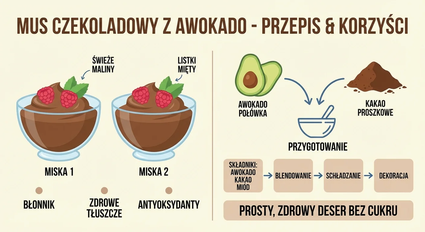 Dwie szklane miseczki z gęstym, ciemnobrązowym musem czekoladowym z awokado, udekorowane świeżymi malinami i listkami mięty. W tle widać połówkę awokado i rozsypane kakao.