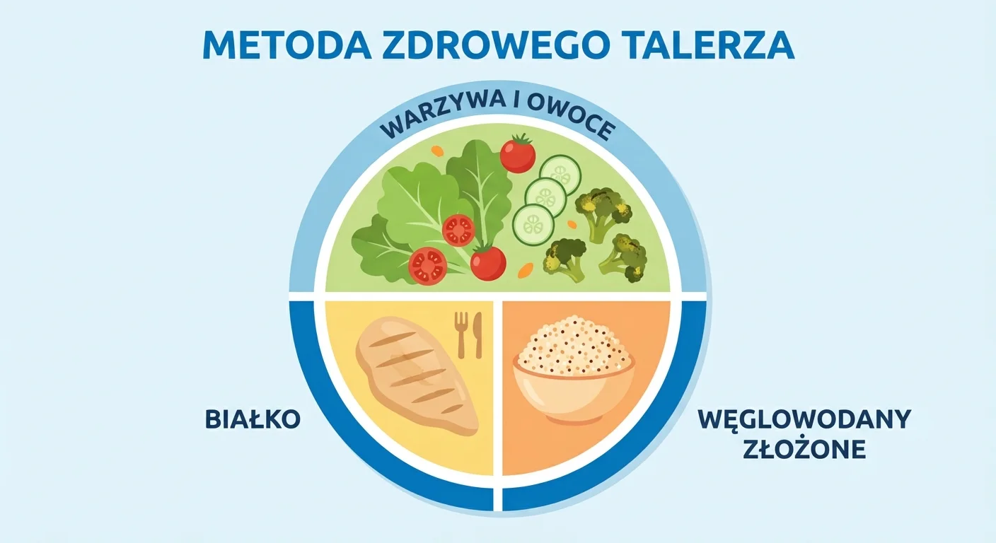 A visually appealing, colorful, and clearly divided plate following the healthy plate method. One half is filled with a vibrant salad and roasted broccoli. One quarter has a grilled chicken breast. The other quarter has a portion of quinoa.