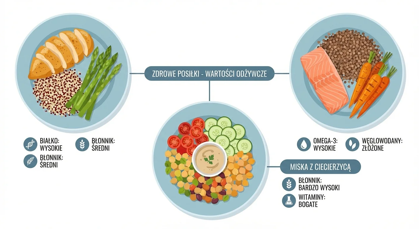 An overhead shot of the three prepared dishes—the chicken with quinoa, the salmon with buckwheat, and the chickpea bowl—beautifully styled on plates. The colors should be vibrant and the food should look delicious and appealing.
