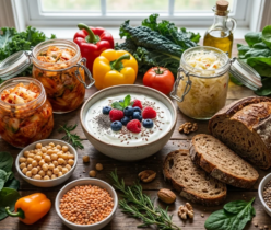 Stół pełen zdrowej żywności dla jelit: słoiki z kimchi i kapustą kiszoną, jogurt z owocami, chleb na zakwasie, warzywa i strączki.