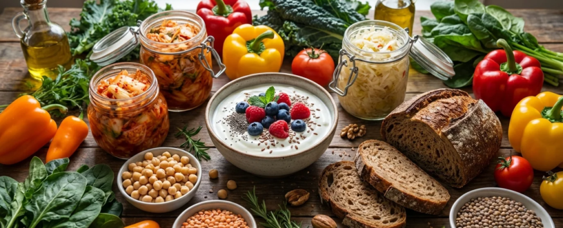 Stół pełen zdrowej żywności dla jelit: słoiki z kimchi i kapustą kiszoną, jogurt z owocami, chleb na zakwasie, warzywa i strączki.