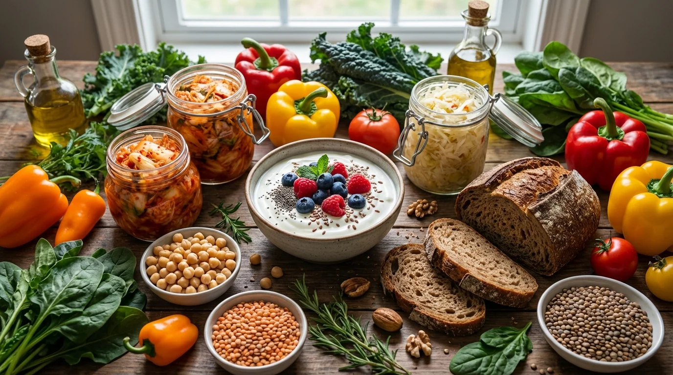 Stół pełen zdrowej żywności dla jelit: słoiki z kimchi i kapustą kiszoną, jogurt z owocami, chleb na zakwasie, warzywa i strączki.