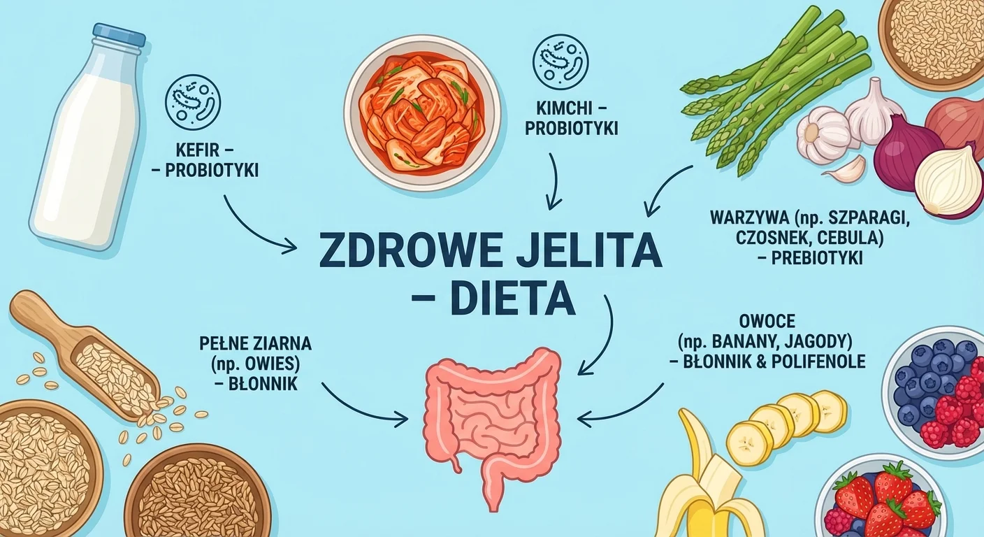 A vibrant and colorful flat lay of gut-friendly foods. Included are kefir in a glass bottle, a bowl of kimchi, whole grains like oats, a variety of colorful vegetables like asparagus, garlic, and onions, and fruits like bananas and berries. The overall look is fresh, healthy, and appealing.