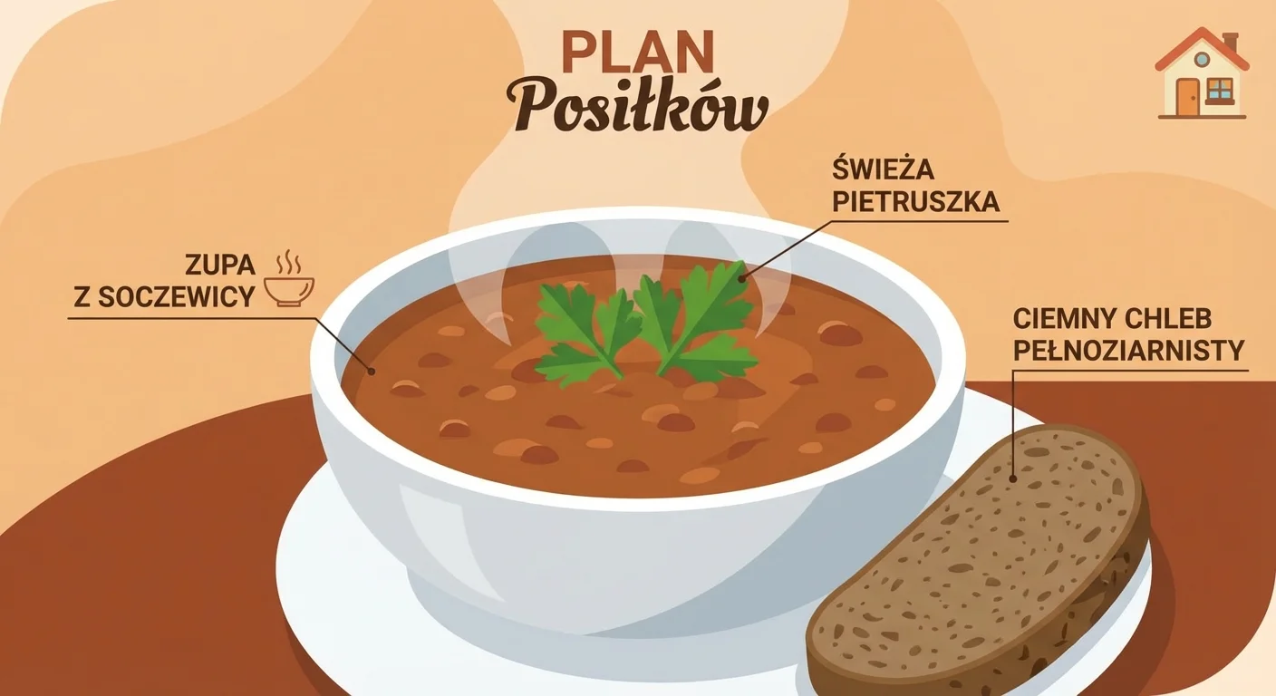 A close-up shot of a steaming bowl of lentil soup from the meal plan. The soup is thick and hearty, garnished with fresh parsley. Beside the bowl is a slice of dark, whole-grain bread. The setting is cozy and inviting.