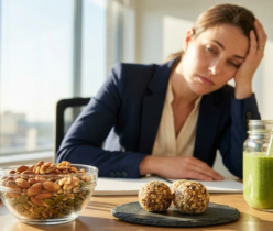 Zmęczona kobieta w biurze opiera głowę na ręce. Na biurku stoją zdrowe przekąski: miska orzechów, kulki mocy i zielone smoothie.