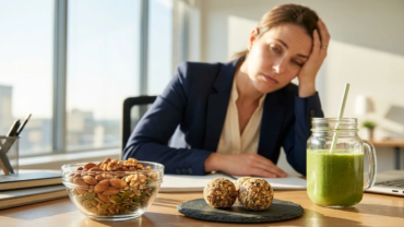 Zmęczona kobieta w biurze opiera głowę na ręce. Na biurku stoją zdrowe przekąski: miska orzechów, kulki mocy i zielone smoothie.