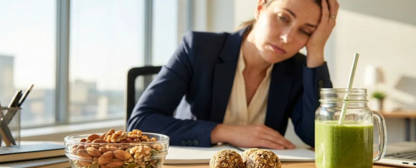 Zmęczona kobieta w biurze opiera głowę na ręce. Na biurku stoją zdrowe przekąski: miska orzechów, kulki mocy i zielone smoothie.