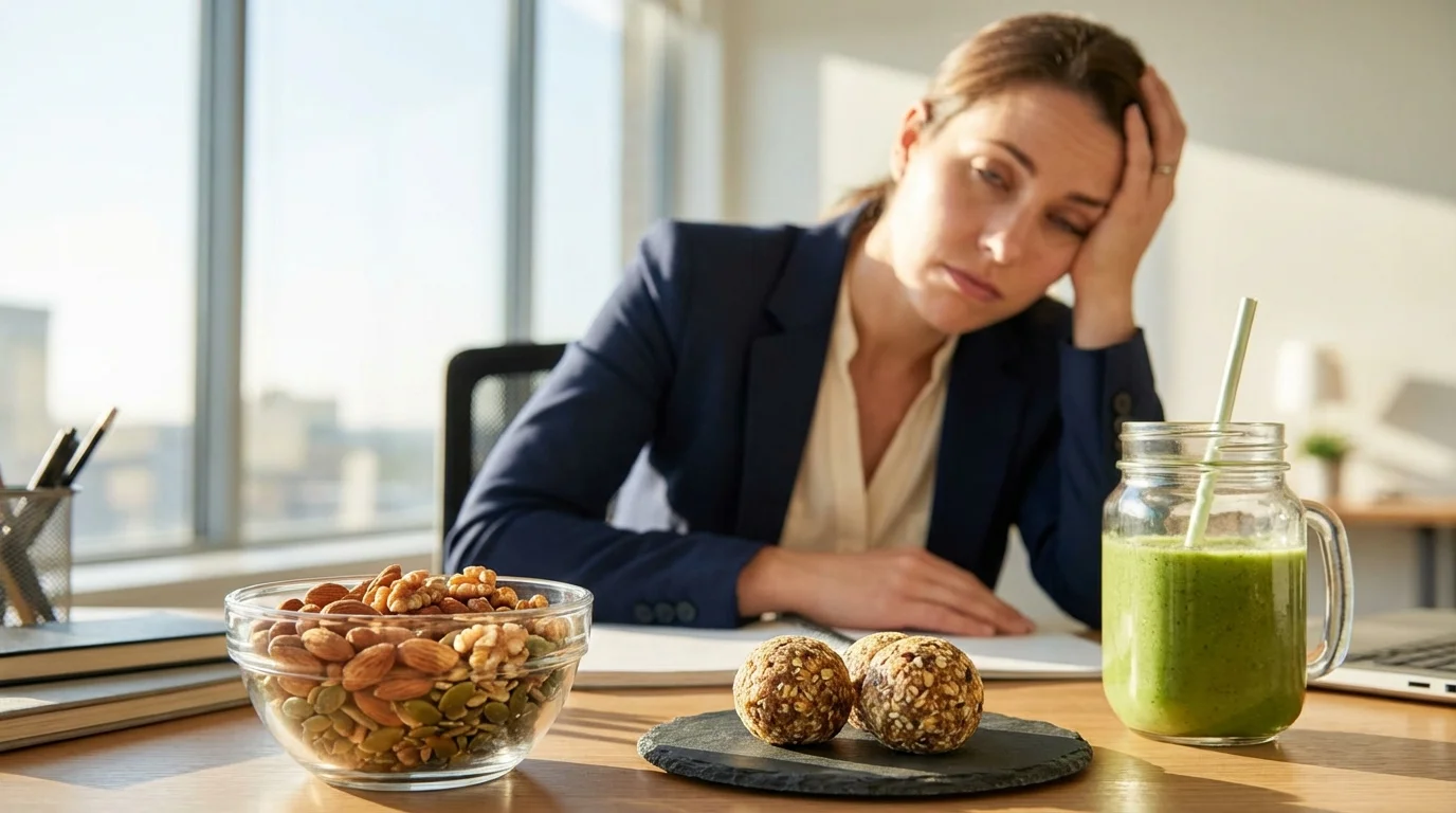 Zmęczona kobieta w biurze opiera głowę na ręce. Na biurku stoją zdrowe przekąski: miska orzechów, kulki mocy i zielone smoothie.