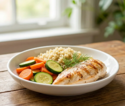Grillowany kurczak z kuskusem, marchewką i cukinią. Przykładowy obiad na diecie Low-FODMAP dla wrażliwych jelit.