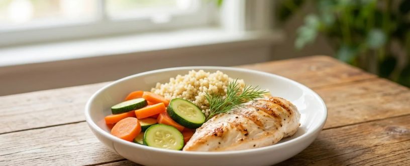 Grillowany kurczak z kuskusem, marchewką i cukinią. Przykładowy obiad na diecie Low-FODMAP dla wrażliwych jelit.