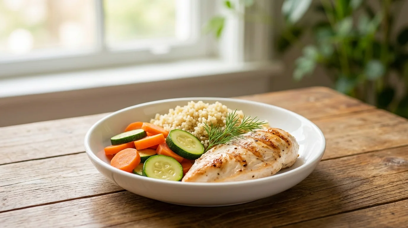 Grillowany kurczak z kuskusem, marchewką i cukinią. Przykładowy obiad na diecie Low-FODMAP dla wrażliwych jelit.