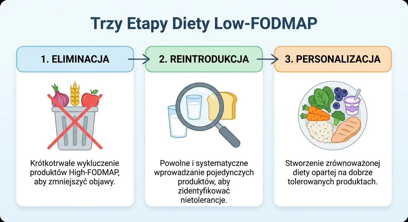 Infografika przedstawiająca trzy etapy diety Low-FODMAP: 1. Eliminacja (kosz z przekreślonymi produktami high-FODMAP jak cebula, pszenica, jabłko), 2. Reintrodukcja (lupa nad pojedynczymi produktami jak szklanka mleka, kromka chleba), 3. Personalizacja (talerz z urozmaiconymi, dobrze tolerowanymi produktami).