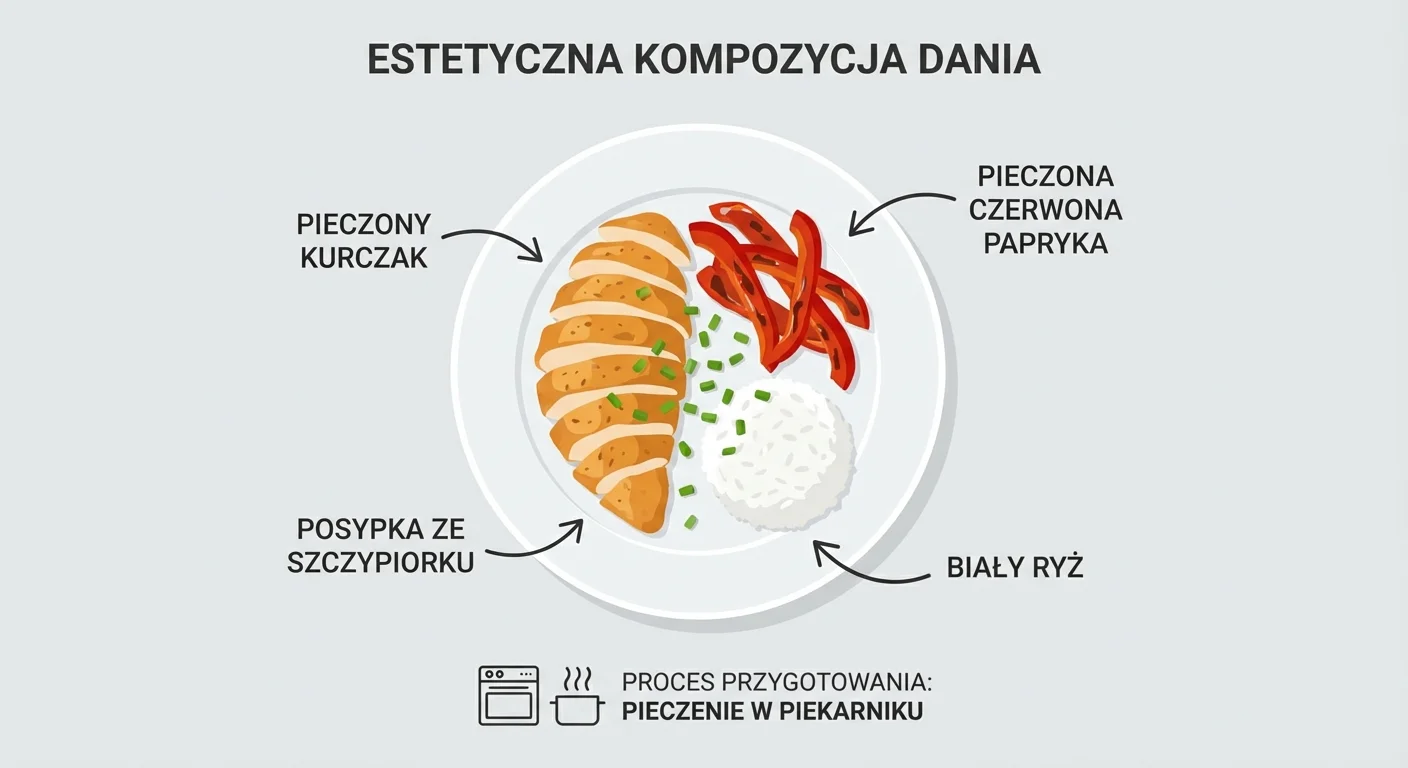 Estetycznie podane danie z pieczonym kurczakiem. Na białym talerzu ułożone są plastry złocistego kurczaka, obok nich pieczone paski czerwonej papryki i porcja białego ryżu. Całość jest posypana zielonym szczypiorkiem. Tło jest jasne i minimalistyczne.