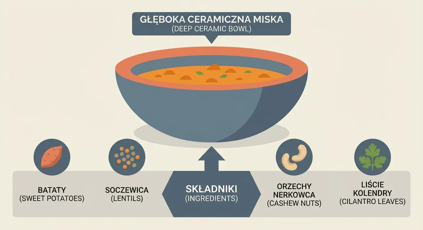 Głęboka, ceramiczna miska wypełniona pomarańczowym, kremowym curry z widocznymi kawałkami batatów i soczewicy, udekorowana świeżymi liśćmi kolendry i kilkoma orzechami nerkowca.