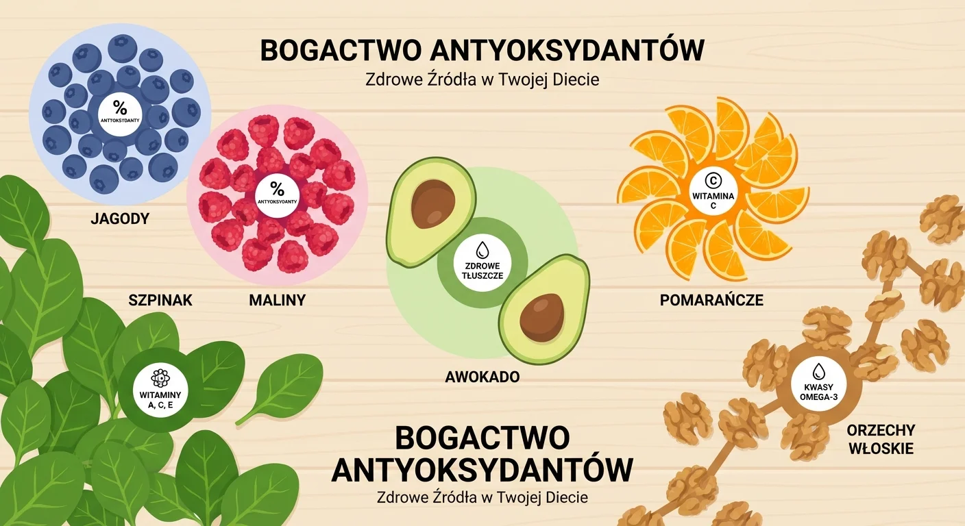 A vibrant, colorful flat lay of antioxidant-rich foods: juicy blueberries, raspberries, lush green spinach leaves, creamy avocado halves, bright orange segments, and crunchy walnuts, all arranged beautifully on a light wooden background.