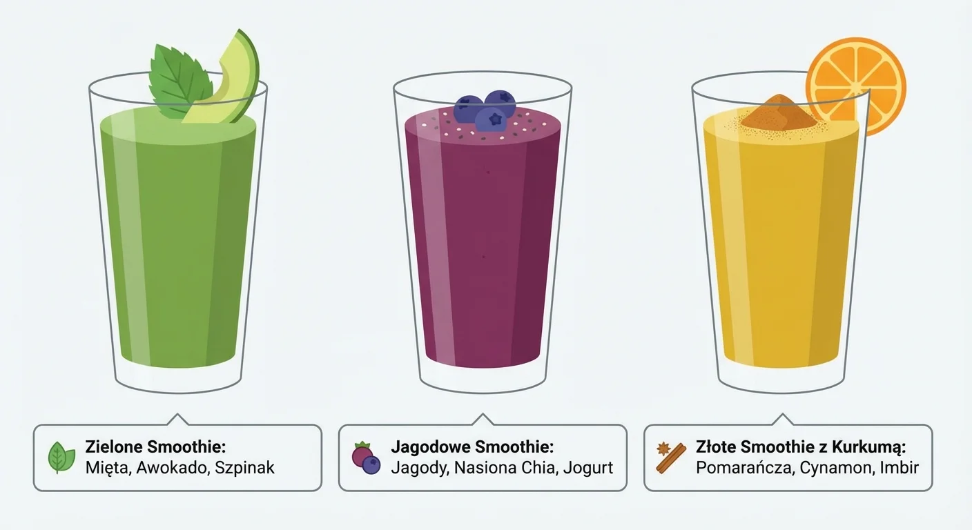 Three vibrant smoothies in tall glasses, arranged beautifully. The green smoothie is garnished with a sprig of mint and a slice of avocado. The deep purple berry smoothie is topped with fresh blueberries and a sprinkle of chia seeds. The golden turmeric smoothie has a slice of orange on the rim and a dusting of cinnamon.