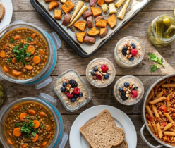 Zestaw tanich, zdrowych posiłków meal prep: zupa z soczewicy, pieczone warzywa, owsianka i makaron na drewnianym stole.