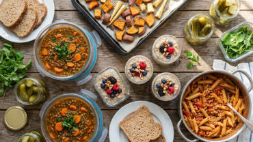 Zestaw tanich, zdrowych posiłków meal prep: zupa z soczewicy, pieczone warzywa, owsianka i makaron na drewnianym stole.