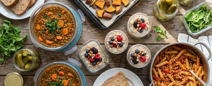 Zestaw tanich, zdrowych posiłków meal prep: zupa z soczewicy, pieczone warzywa, owsianka i makaron na drewnianym stole.