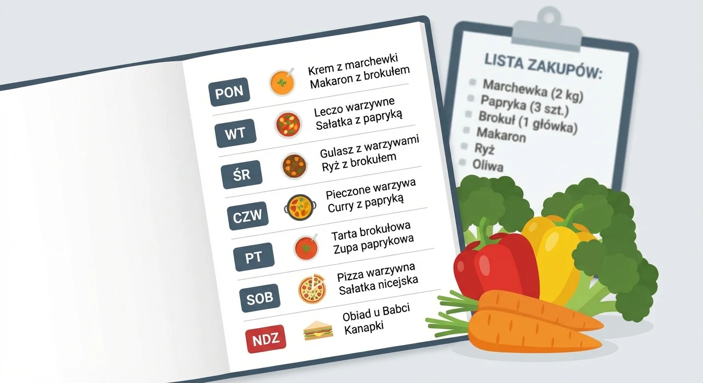 Estetyczne zdjęcie przedstawiające otwarty notatnik z zaplanowanym menu na tydzień, obok leżą świeże warzywa, takie jak marchewka, papryka i brokuł, a w tle widać listę zakupów.