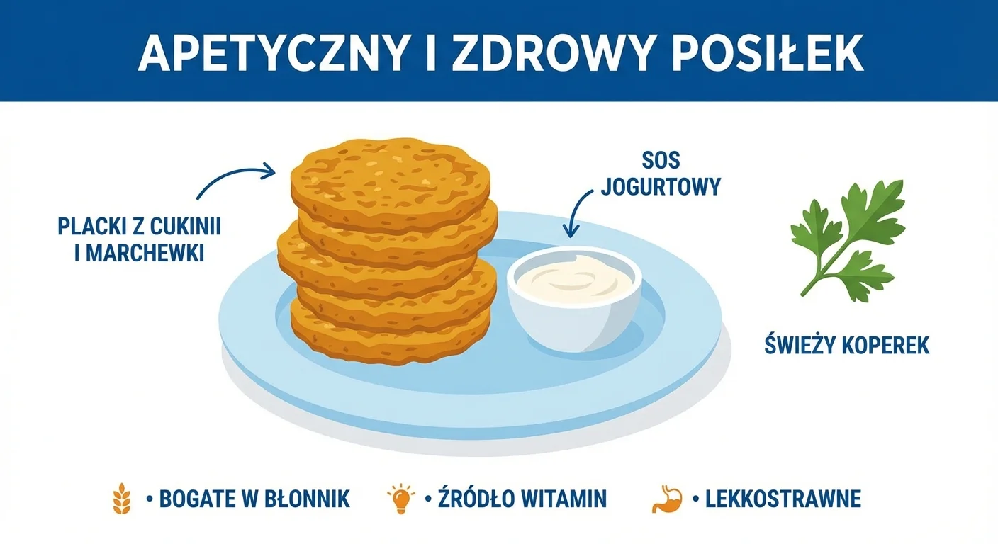 Apetyczne, złociste placki z cukinii i marchewki ułożone na talerzu, obok miseczka z sosem jogurtowym i świeży koperek.